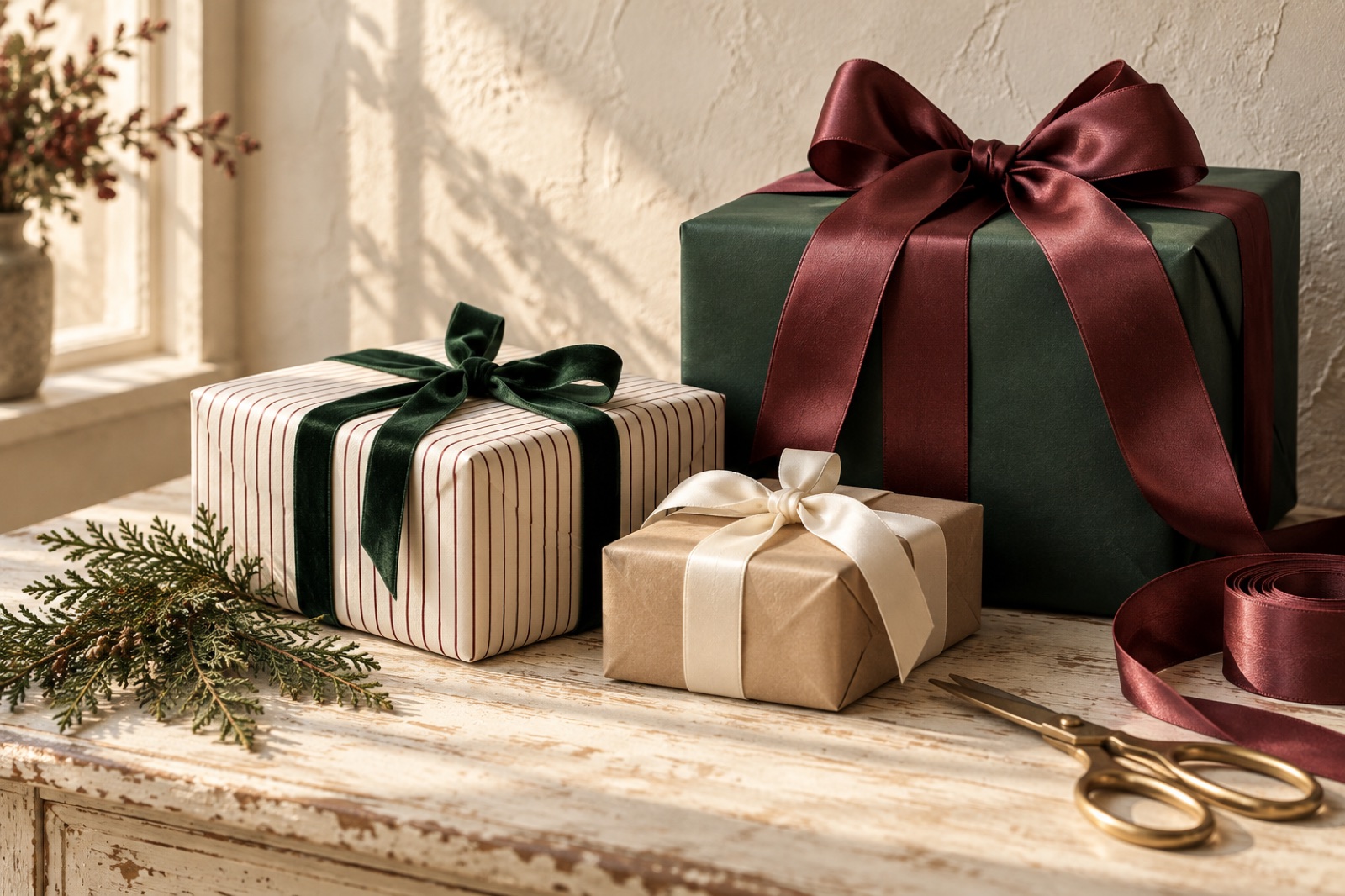 Gift wrapping inspiration in forest green, ivory, and burgundy ribbon